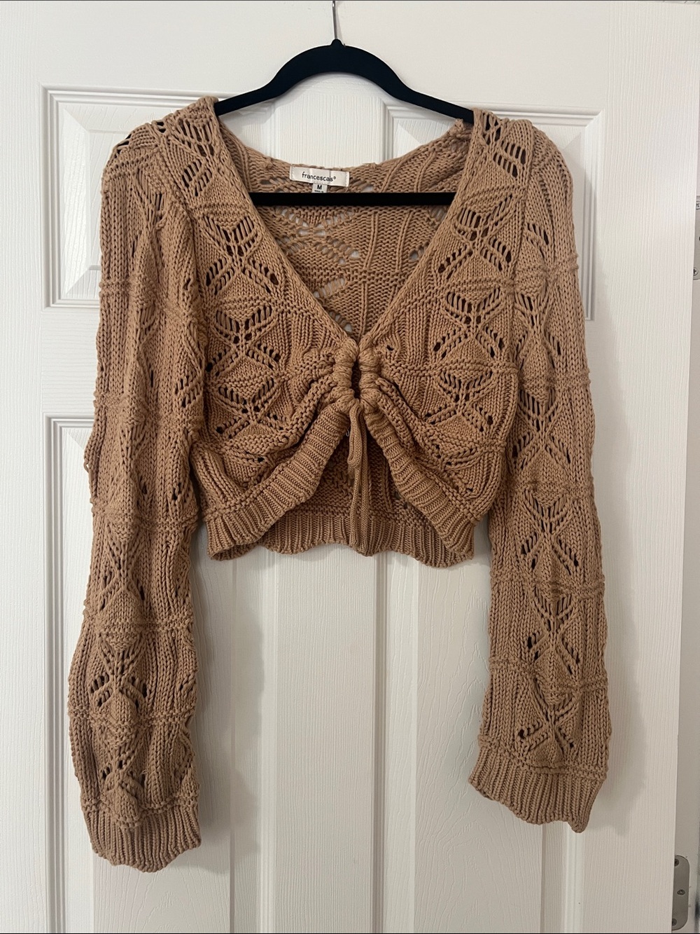 Francesca's Collections Taupe Crochet Tie-Front Cropped Cardigan